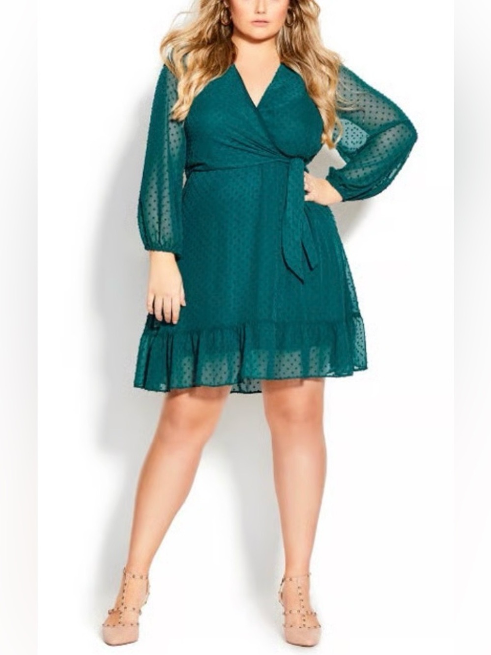 City Chic Dobby Dress Wrap Mini With Sheer Dotted Sleeves Babydoll Women’s 14